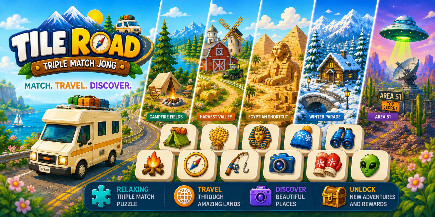 Tile Road game artwork showing travel destinations and matching tiles